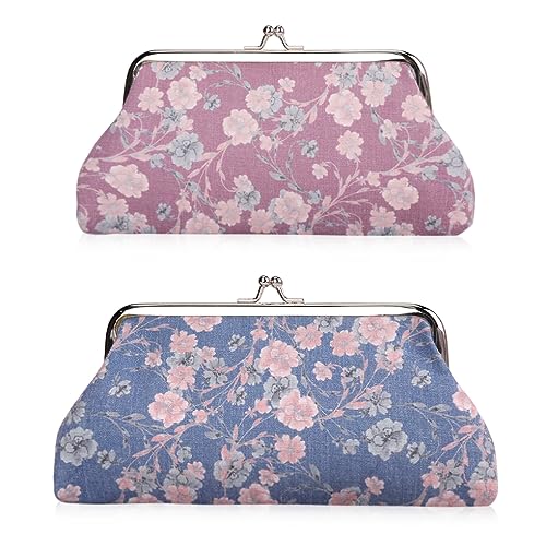 Oyachic 2 Stück Kiss Lock Münzbeutel Floral Coin Purses Portemonnaie Canvas Taschen Retro Blumen Geldbeutel Kleingeldbörse für Mädchen Damen (Lila + Dunkelblau) von Oyachic