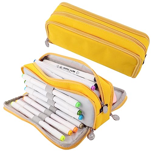 Oyachic 3 Fächer Mädchen Pencil Case Große Kapazität Federmäppchen Etui Stifte Schreibwaren Schreibtisch Organizer für Büro Frauen (Gelb) von Oyachic