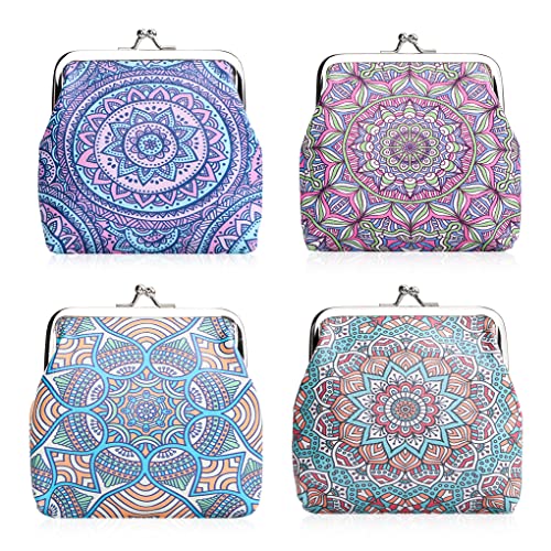 Oyachic 4 Stück Mandala Leder Münzbörsen Bohemia Coin Purses Geldbörse Damen mit Klickverschluss Münzbeutel Set Münztasche Schmuckbeutel von Oyachic