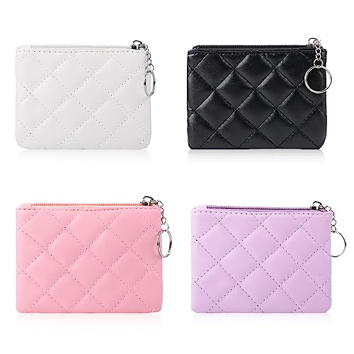 Oyachic 4 Stück Quilted Gesteppte Münzbörse Leather Coin Purse Leder Münzbeutel Echtleder Geldbörse mit Schlüsselanhänger Reißverschluss für Herren Damen von Oyachic