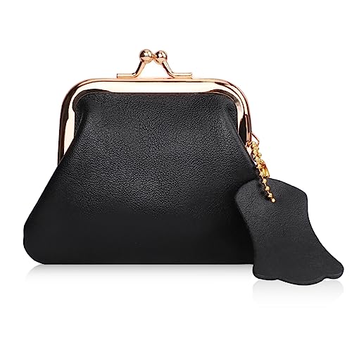 Oyachic Echtleder Münzbörsen Leather Coin Purse Klein Geldbörse Clipverschluss Portemonnaie Retro Kartenfächer für Frauen Herren Damen (Schwarz) von Oyachic