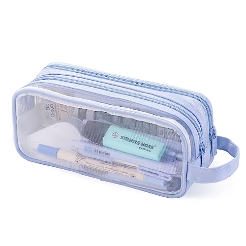 Oyachic Federmäppchen Durchsichtig Pencil Case Clear Federtaschen Doppelreißverschlüsse Damen Mäppchen Stifte Erwachsene Bleistift Beutel (blau) von Oyachic