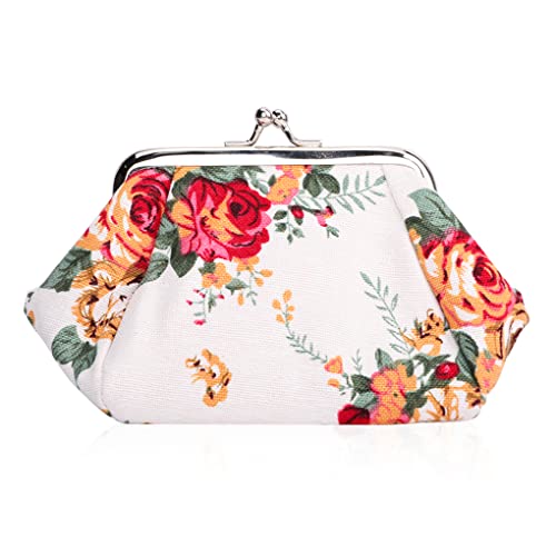 Oyachic Floral Münzbeutel Kiss Lock Coin Purse Geldbeutel Damen Retro Tasche Geldbörse Women Wallet Klippverschluss (White) von Oyachic