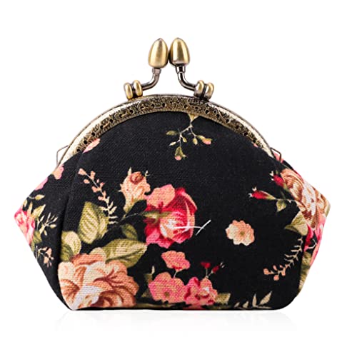 Oyachic Floral Münzbeutel Kiss Lock Coin Purse Geldbeutel Damen Retro Tasche Geldbörse Women Wallet Portemonnaie Münzbörsen Klippverschluss (Black) von Oyachic