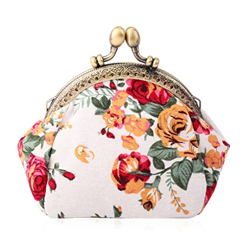 Oyachic Floral Münzbeutel Kiss Lock Coin Purse Geldbeutel Damen Retro Tasche Geldbörse Women Wallet Portemonnaie Münzbörsen Klippverschluss (White) von Oyachic