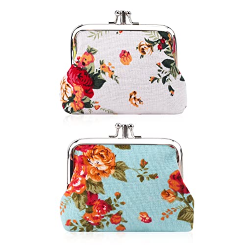 Oyachic 2 Stück Flower Münzbörse Coin Purses Brieftasche mit Schließe Geldbeutel Klipp Tasche Portemonnaie für Frauen Damen(Weiß Blau) von Oyachic