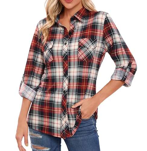 Damen Casual Cuffed Langarm Boyfriend Button Down Plaid Flanellhemd Tops, Rot-Schwarz kariert, X-Groß von Oyamiki