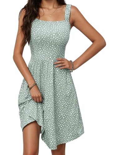 Oyamiki Ärmellos Kleid A Linie Damen Floral Sommerkleid Blumen mit Eckiger Ausschnitt Grün Hohe Taille Flowy Summer Dresses M von Oyamiki