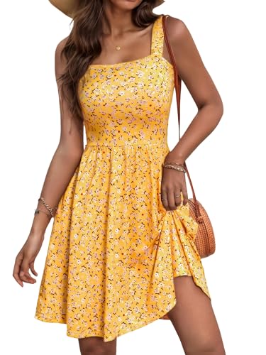 Oyamiki Ärmellos Midi Summer Dress A Linie Sommerkleider Damen Knielang Casual Gelbes Hohe Taille Boho Eckiger Ausschnitt Kleid L von Oyamiki