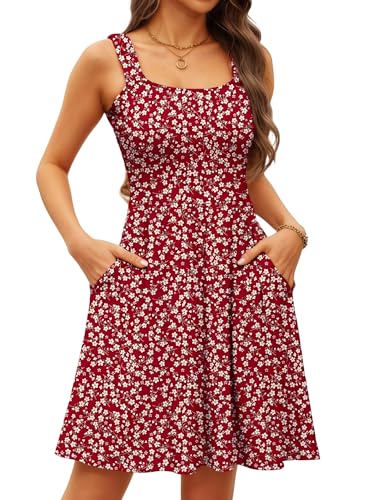 Oyamiki Ärmellos Sommerkleid Kurz A Linie Casual Flowy Dresses for Women High Waist Crushed Floral Kleid Sommer Rot L von Oyamiki