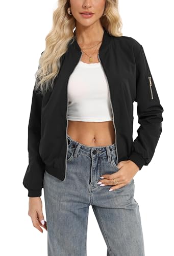 Oyamiki Bomber Jacken Damen Reißverschluss Blouson Jacke mit Tasche Herbst Schwarz Langarm Sommerjacke Leicht Frühling Kurz Pilotenjacke XL von Oyamiki