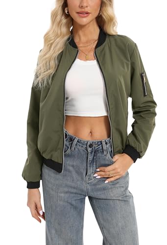 Oyamiki Bomberjacke Damen Herbst Langarm Reißverschluss Jacke mit Taschen Frühling Casual Leichte Blouson Sommerjacke Armeegrün L von Oyamiki