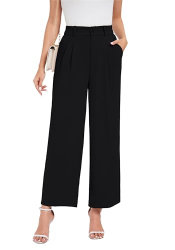 Oyamiki Business Damen Stoffhose Weitem Bein Lockere Hosen Knopfleiste Hohe Taille Damenhose mit Gummizug Office Hose Schwarz XL von Oyamiki