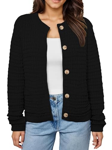 Oyamiki Cardigan Strickjacken für Damen Schwarz Open Front Rundhalsausschnitt Strickpullover Jäckchen mit Knopf S von Oyamiki