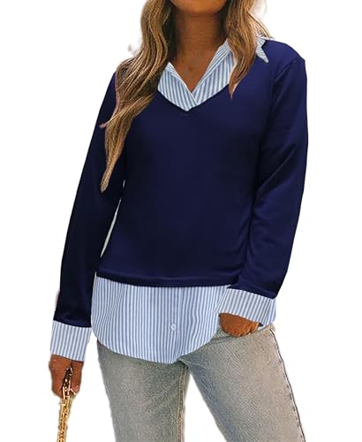 Oyamiki Damen Casual Kragen Geschwungener Saum 2 in 1 Pullover Tops Plaid Kontrast Hemd Bluse, Marineblaue Nadelstreifen, Groß von Oyamiki