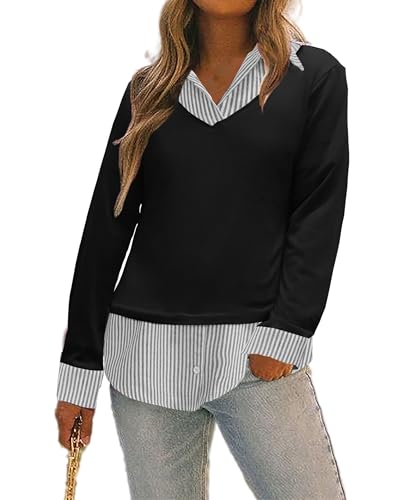 Oyamiki Damen Casual Kragen Geschwungener Saum 2 in 1 Pullover Tops Plaid Kontrast Hemd Bluse, Schwarze Nadelstreifen, XX-Large von Oyamiki