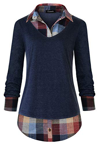 Oyamiki Damen Casual Kragen Geschwungener Saum 2 in 1 Pullover Tops Plaid Kontrast Hemd Bluse - Blau - XX-Large von Oyamiki