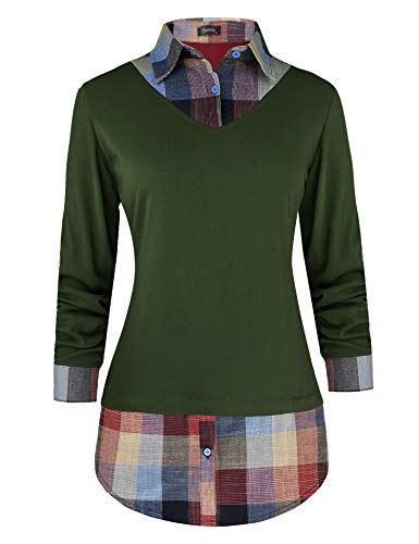 Oyamiki Damen Casual Kragen Geschwungener Saum 2 in 1 Pullover Tops Plaid Kontrast Hemd Bluse - Gr�n - Klein von Oyamiki