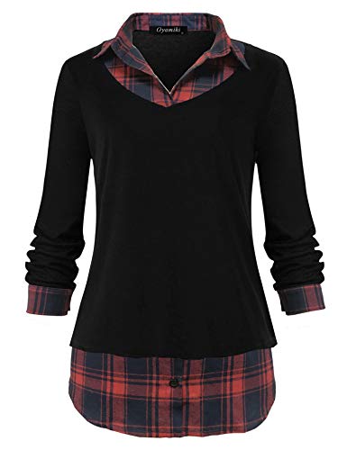 Oyamiki Damen Casual Kragen gebogen Saum 2 in 1 Pullover Tops Karo Kontrast Hemd Bluse - Schwarz - Groß von Oyamiki