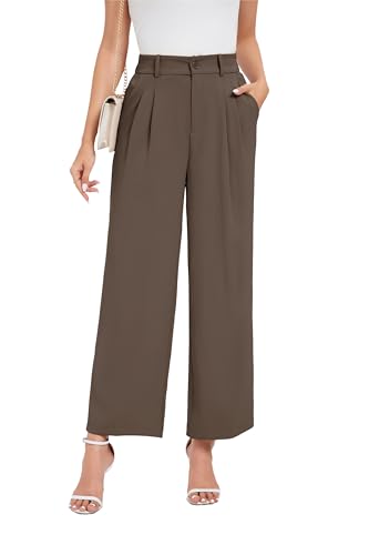 Oyamiki Damen Hose Elegant Leicht Business Weite Bein Hosen Herbst Bequeme High Waist Anzughose mit Gummizug Kaffeebraun XL von Oyamiki