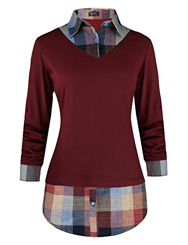Oyamiki Damen Klassischer Kragen Geschwungener Saum 2 in 1 Strickpullover Plaid Kontrast T-Shirt Top - Rot - Groß von Oyamiki