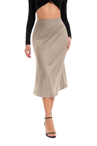 Oyamiki Damen-Satinrock, hohe Taille, Rüschen, versteckter elastischer Bund, Sommer, ausgestellt, seidig, fließend, lang, A-Linie, Midi-Röcke, Khaki-Grau, M Oyamiki Damen-Satinrock, hohe Taille, Rüschen, versteckter elastischer Bund, Sommer, ausgestellt, seidig, fließend, lang, A-Linie, Midi-Röcke, Khaki-Grau, M von Oyamiki