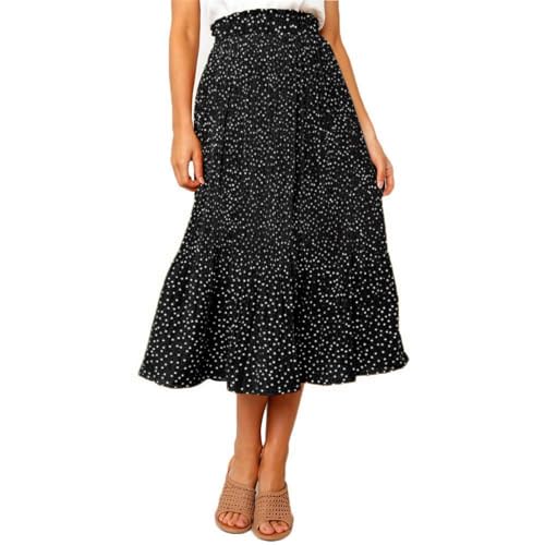 Oyamiki Damen Sommer Plissee Lange Röcke Casual Hohe Taille Urlaub Polka Dot Röcke mit Taschen Midi Rock, Schwarz , XL von Oyamiki