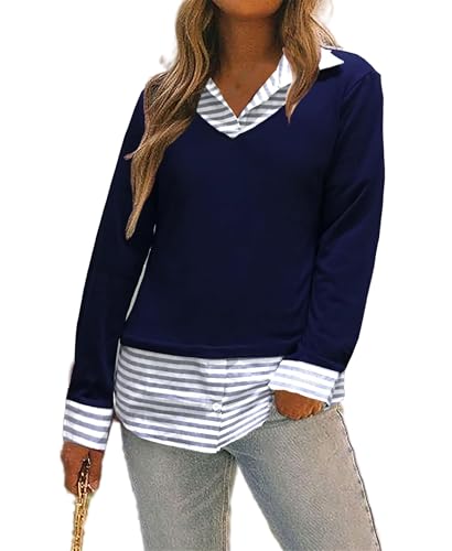Oyamiki Gestreiftes Hemdkragen Blusen Damen Pullover V-Ausschnitt Langarmshirts Oberteile Sweater Marineblauer Streifen M von Oyamiki