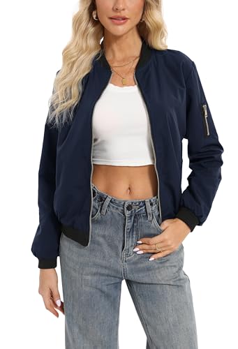 Oyamiki Herbst Jacken für Damen Kurz Übergangsjacken Langarm Lightweight Bomber Jacke Outwear Blouson Sommerjacke Marineblau L von Oyamiki