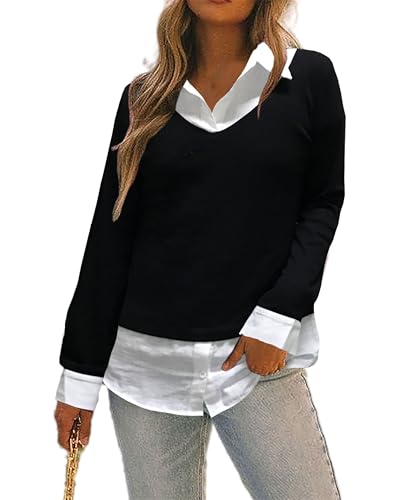 Oyamiki Herbst Pullover Damen Loose Pullover Lang Farbblock Hemdkragen Sweater Shirt V Ausschnitt Sweatshirt Ohne Kapuze Schwarz Weiß M von Oyamiki