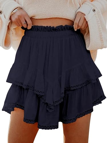 Oyamiki Hohe Taille Sommer Rock Damen Elastischer Bund Mini Trendy Leichtgewicht Hosenrock A Linie Elegant Strandrock Marineblau L von Oyamiki
