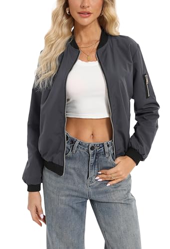 Oyamiki Jacke Damen Frühling Kurz Langarm Leichte Sommerjacke Herbst Casual Fliegerjacke Reißverschluss Blouson Grau mit Taschen XL von Oyamiki