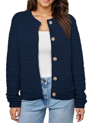 Oyamiki Kurz Cardigan Knitted Herbst Jacken für Damen mit Knopfleiste Rundhalsausschnitt Strickjacke Marineblau S von Oyamiki