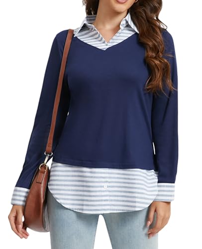 Oyamiki Longbluse Damen Lässig für Leggings Shirt Elegante Gestreiftes Blusen Sweatshirt Langarm Oberteile Marineblauer Streifen S von Oyamiki