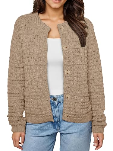 Oyamiki Pullover Strickjacken für Damen Cardigan Kurz Strickpullover Herbst Vintage Lässige mit Knopf Khaki M von Oyamiki