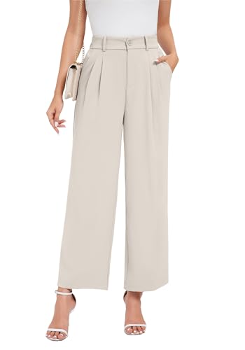 Oyamiki Stoffhose Damen Sommer Fashion Marlenehose Weitem Bein Damenhosen Elegant mit Taschen Arbeit Hohe Taille Hose Beige XL von Oyamiki