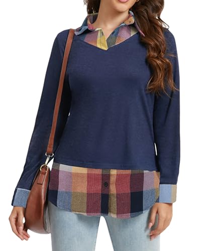 Oyamiki Stricken Longshirt Damen Langarm Sweater Pullover V-Ausschnitt mit Gebogener Saum Hemdkragen Sweatshirt Bluse Blau L von Oyamiki