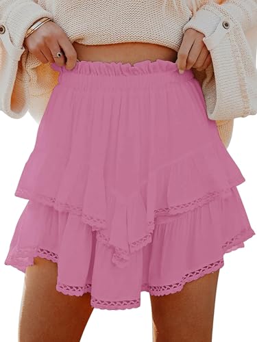 Oyamiki Trendy Röcke für Damen Sommer Stilvoll Rosa Boho Fließender Mini A Linie Rock Geraffter Skirt with Shorts Pink XL von Oyamiki