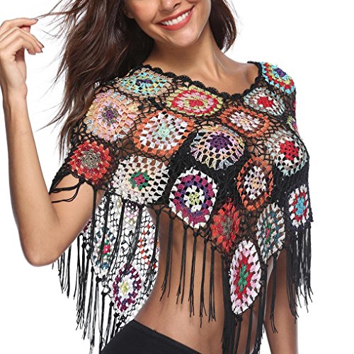 Oyedens Damen Sexy Hippie & Boho Quasten unregelmäßig Häkel Poncho Cape Überwurf Top Umhang - Tassels Poncho (Schwarz) von Oyedens