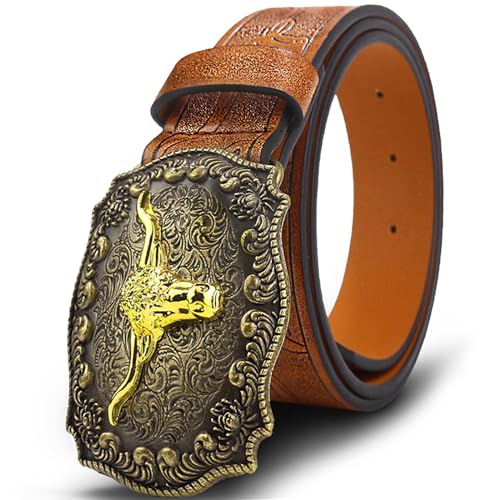Oyifan Western-Cowboy-Cowgirl-Ledergürtel, Herren, Longhorn-Bull-Blumen-Gravur, Damen, braun, große Schnalle, Westerngürtel, braun, "M" Fit Waist 30-34inch Oyifan Western-Cowboy-Cowgirl-Ledergürtel, Herren, Longhorn-Bull-Blumen-Gravur, Damen, braun, große Schnalle, Westerngürtel, braun, "M" Fit Waist 30-34inch von Oyifan
