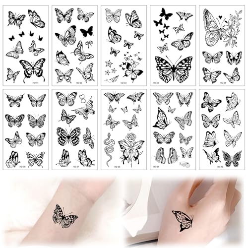 10 Blätter Temporäre Tattoos,Klebetattoos Erwachsene Schwarz Schmetterling,Temporary Tattoo Aufkleber Haut,Wasserfeste Fake Tattoos Selbstklebend,Schmetterling Tattoo Sticker für Damen Männer von Oykrueats