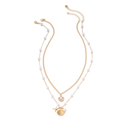 2 Stück Muschelkette,Layered Golden Muscheln Halsketten Sommer Schmuck,Schichtel-Perlen Einstellbare Muschelkette Damen,Süßen Muschel Schmuck Kette,für Frauen Sommer Strand Urlaub Surfer Party von Oykrueats
