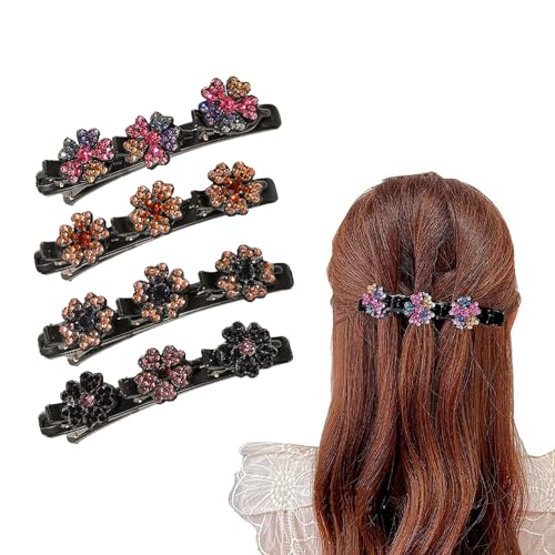 4 Stück Haarspangen Damen mit Kristallblume,Haarschmuck für Damen Geflochtene mit Kristallsteinen,Blumen Haarklammer,Haarspange Doppelschicht Haarklammer,für Frauen Mädchen Entenschnabel Strass von Oykrueats