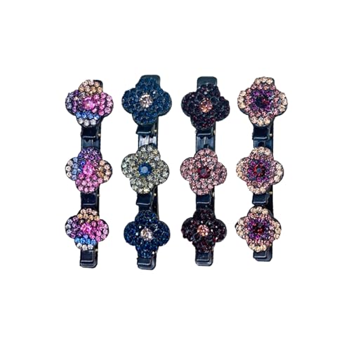 4 Stück Kristall-Stein Geflochtene Haarspangen,Haarspange mit 3 Clips,Elegante Doppelschicht Haarspange,Glänzende Haarspange mit Kristall Blume,Vierblättrige Kleeblatt Haarspangen,für Damen,Mädchen von Oykrueats