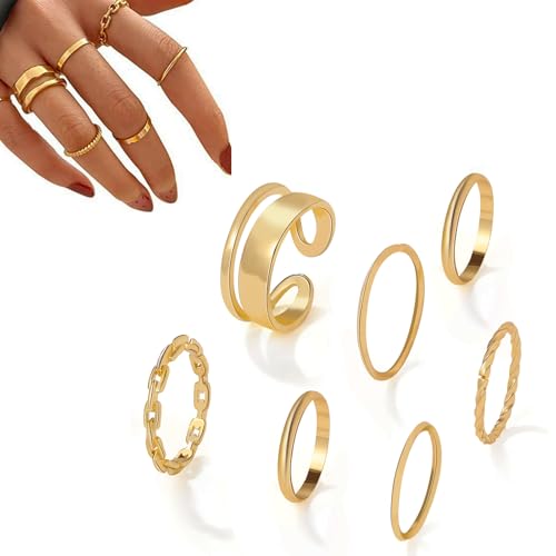 Oykrueats 7 Stück Ringe Goldt für Frauen Mädchen Schlangenkette Stapelring,Modeschmuck Ringe,für Männer und Frauen Geeignet von Oykrueats