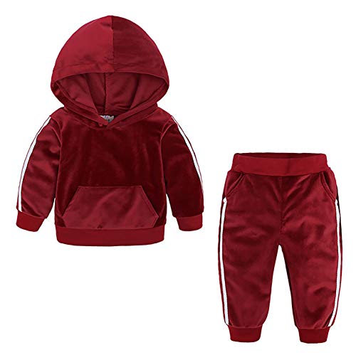 Oyolan Baby Jogginganzug Sportanzug Kapuzenpullover mit Jogginghose Unisex Mädchen Jungen Hoodie Bekleidung Outfit Set für Kleinkinder Herbst Winter Burgundy 116-122 von Oyolan