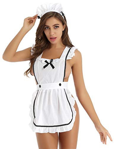 Oyolan Damen Dienstmädchen Kostüm Maid Cosplay Uniform Dessous Set Lingerie Babydoll Nachtwäsche - Hausmädchen Schürze, G-String Tanga, Haarreif Weiß One Size von Oyolan
