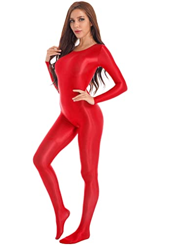 Oyolan Damen Einteiler Overall Jumpsuit Ganzkörperanzug Body Catsuit Nylon Sportbody Gymnastikanzug Bodysuit Sexy Catsuit Rot XL von Oyolan