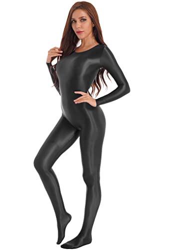 Oyolan Damen Einteiler Overall Jumpsuit Ganzkörperanzug Body Catsuit Nylon Sportbody Gymnastikanzug Bodysuit Sexy Catsuit Schwarz XL von Oyolan