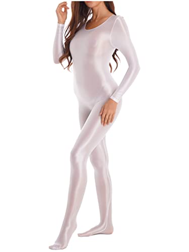 Oyolan Damen Einteiler Overall Jumpsuit Ganzkörperanzug Body Catsuit Nylon Sportbody Gymnastikanzug Bodysuit Sexy Catsuit Weiß XL von Oyolan